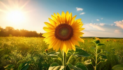 Naklejka premium a bright yellow sunflower sways in the gentle summer breeze its petals reaching towards the sky in a lush green field generative ai