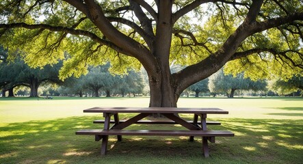 Wooden picnic table under large oak tree in park