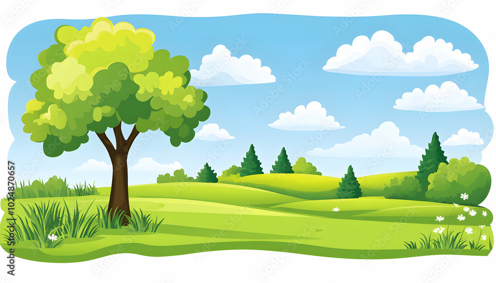 Poster a cartoon illustration of a green grassy field with a single deciduous tree on the left side and a r