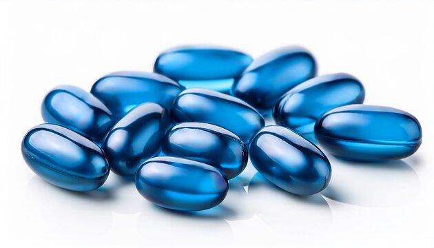 close up of blue soft gel capsules isolated on white close up