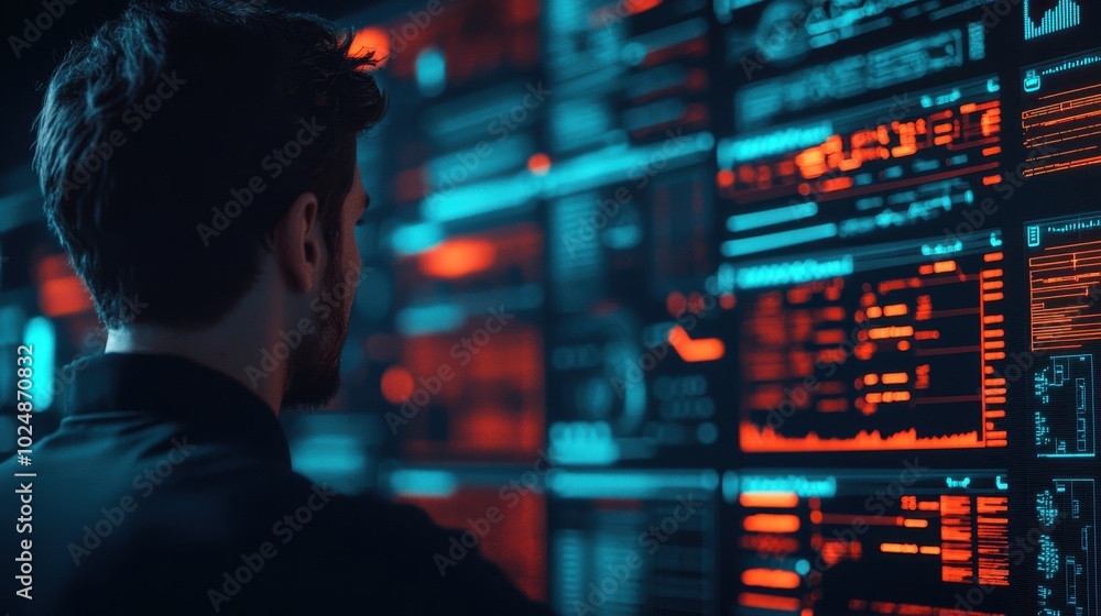 Poster a person observes data servers illuminated with vibrant colors, highlighting the intersection of tec