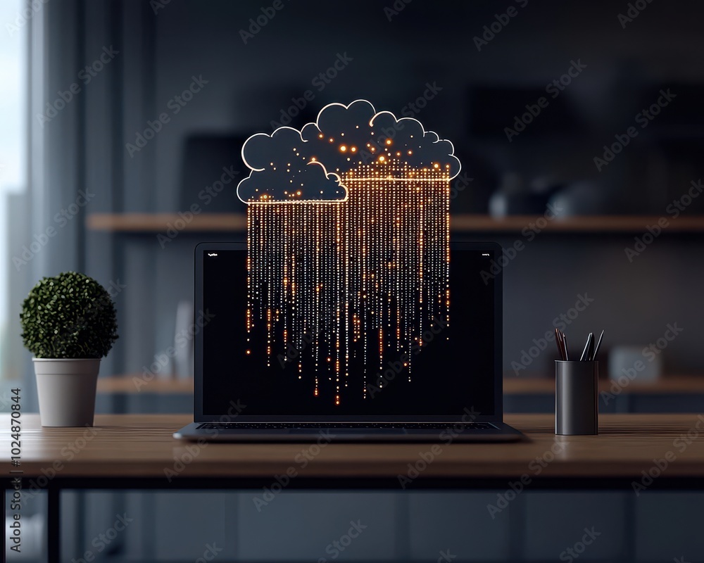 Poster a laptop displays a digital cloud emitting streams of light, creating a modern and futuristic worksp