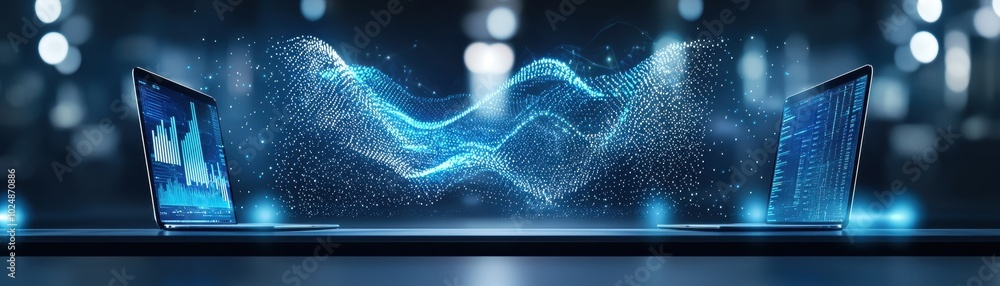 Poster two laptops are positioned on a sleek surface, with a dynamic blue data visualization connecting the