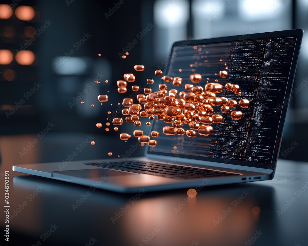 Poster a laptop emits floating digital particles, representing data transfer or tech innovation in a modern
