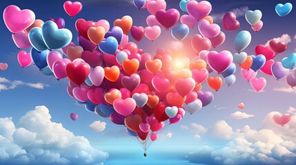 A radiant sky filled with an abundance of vibrant heart-shaped balloons, creating a breathtaking visual spectacle