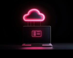 A neon cloud icon above a laptop symbolizes cloud computing and data storage in a sleek, modern design against a dark background.