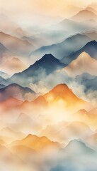 Serene Misty Mountain Landscape at Sunrise - Abstract Watercolor Art