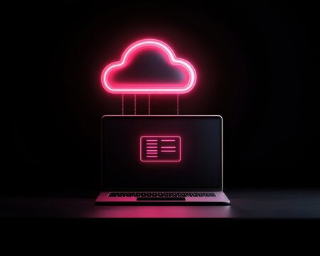 A neon cloud icon above a laptop symbolizes cloud computing and data storage in a sleek, modern design against a dark background.