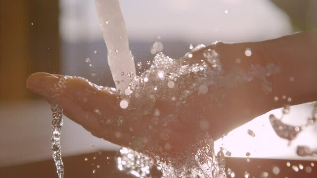 CLOSE UP, SLOW MOTION, LENS FLARE: Crystal clear water splashes over an open hand beneath a kitchen faucet, with morning sunlight illuminating each droplet. Fresh running water in a modern household.
