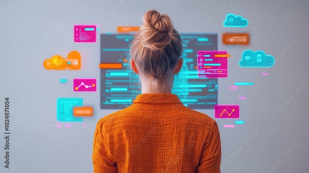 Poster ### description a woman observes colorful digital data elements displayed on a screen, highlighting 