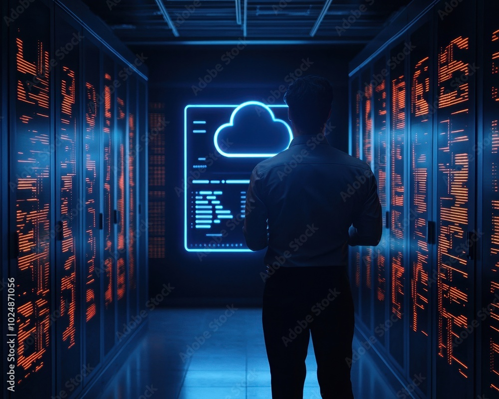 Aufkleber a person stands in a dimly lit server room, facing digital displays of cloud data, surrounded by row