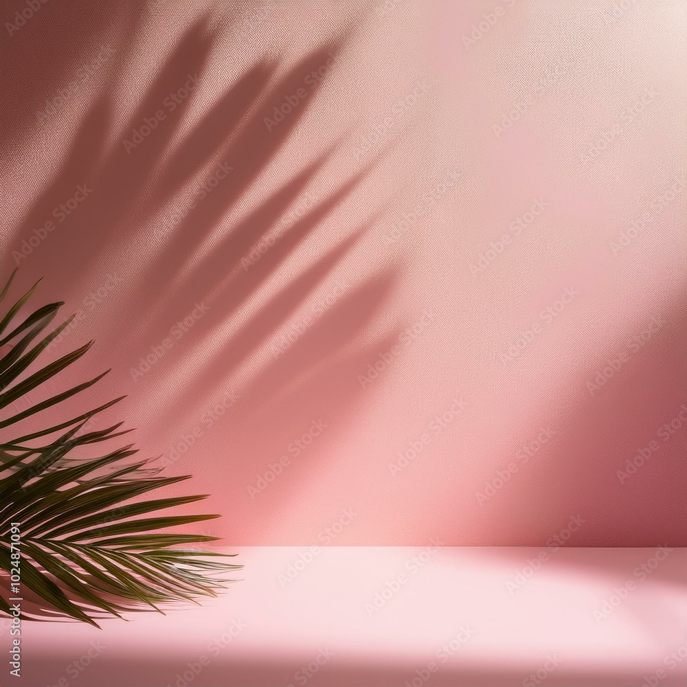 Sticker blurred shadow from palm leaves on the light pink wall minimal abstract background for product prese