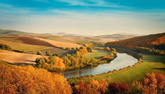 serene autumn countryside with rolling hills and a calm river in a vintage poster style