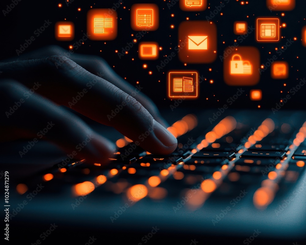Poster a hand typing on a keyboard with glowing icons in the background, representing digital communication