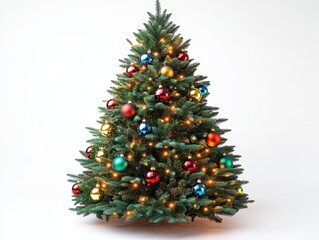 Obraz premium A Christmas tree adorned with colorful lights, isolated on white background. 