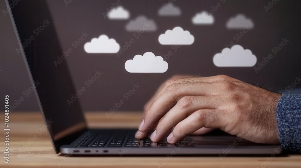 Poster a hand types on a laptop with stylized cloud icons floating above, symbolizing cloud computing and d