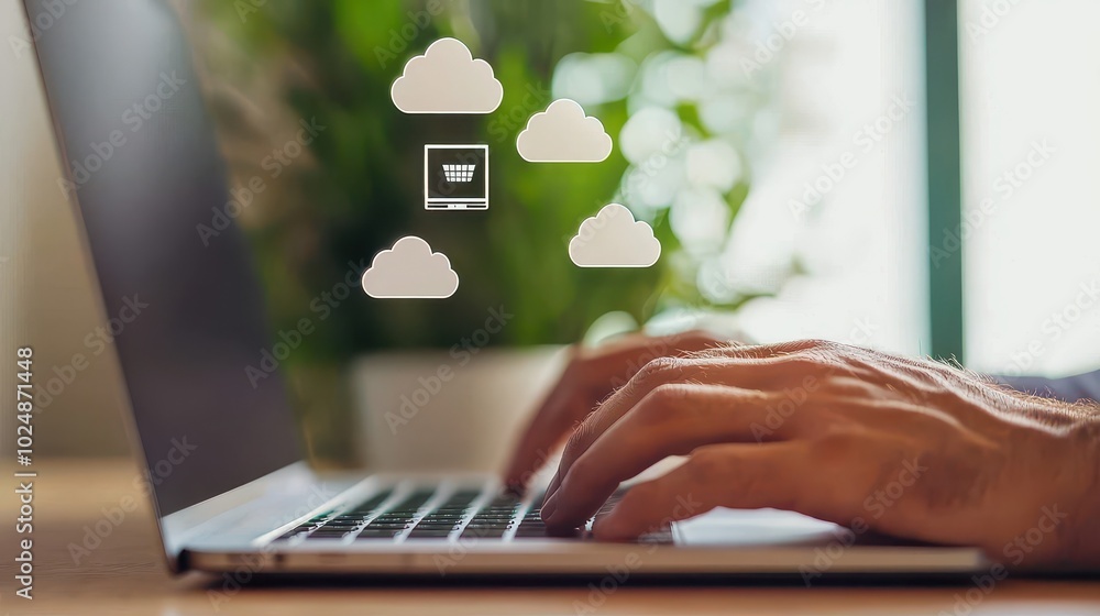Poster a person is using a laptop with cloud icons above it, indicating cloud computing and digital connect
