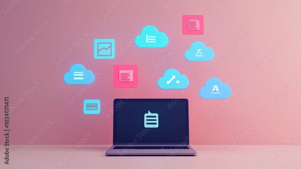 Poster a laptop with floating cloud icons featuring various digital tools and symbols, representing cloud c