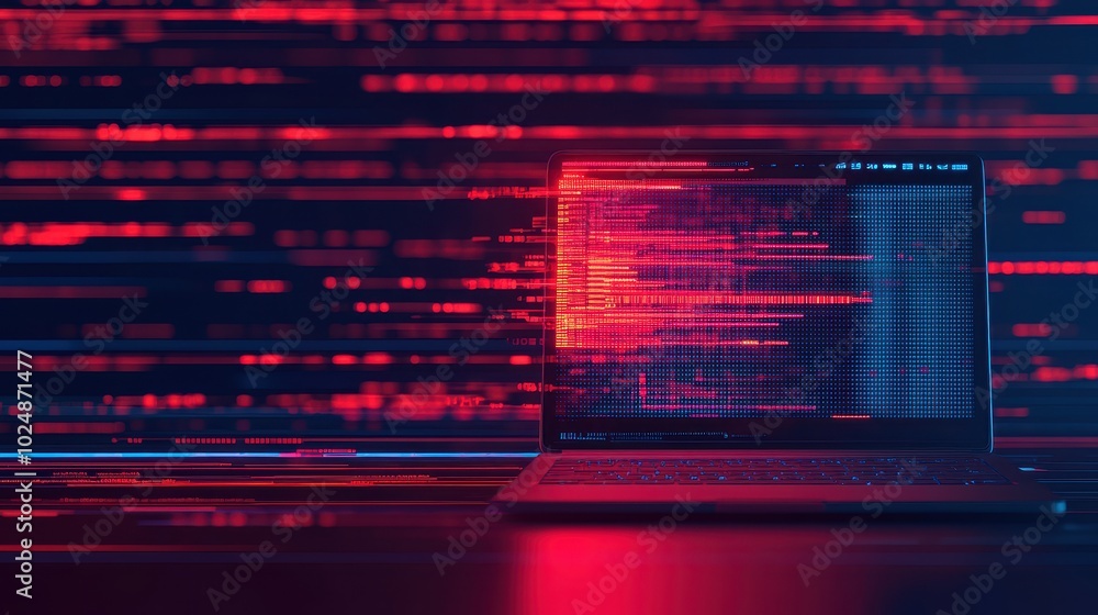 Poster a laptop screen displays vibrant red and blue digital data streams, signifying high-tech coding or c