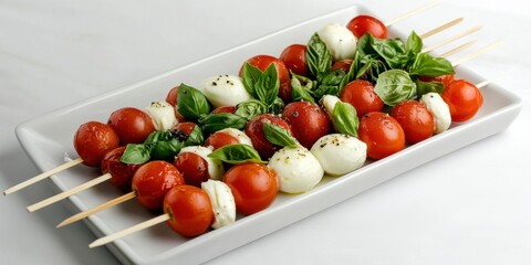 Classic Caprese Skewers with Mozzarella, Tomatoes, and Basil on a Serving Platter