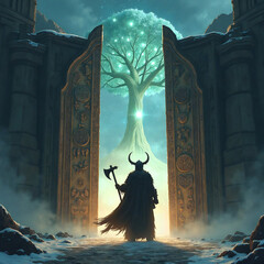 Gates of Valhalla, glowing tree of eternal life awaits the viking, Norse mythology, high detail fantasy illustration