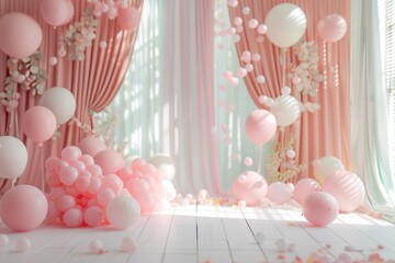 beautiful birthday backdrop with ballon curtain soft pastel color light from window white abstract...