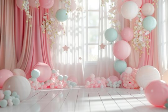 beautiful birthday backdrop with ballon curtain white ivy soft pastel color light from window white abstract wall room