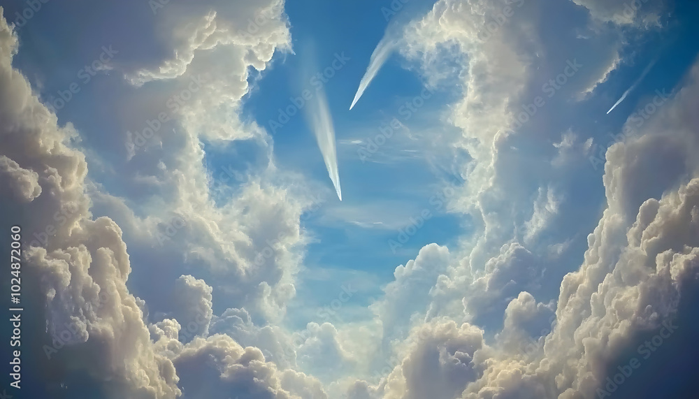 Aufkleber a bright blue sky with fluffy white clouds and two contrails creating a heart shape.