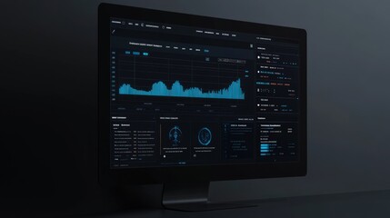 A computer monitor displays a blue and white graph and data on a black background.