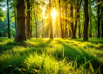 Obraz premium Tranquil Forest Glade with Sunlight Filtering Through Foliage and Lush Green Grass - Idyllic Natural Setting for Relaxation and Peaceful Moments