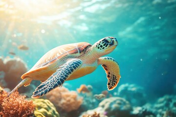 Obraz premium Graceful Sea Turtle Swimming Through Coral Reef