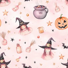 Pastel pink Halloween background with cute witches, cauldrons, potions, and candy, surrounded by decorative stars, pumpkins, and brooms. A seamless, watercolor-style design perfect for a charming