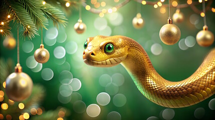 Fototapeta premium Luxury Golden Snake with green eyes on Christmas Festive background , symbol of 2025