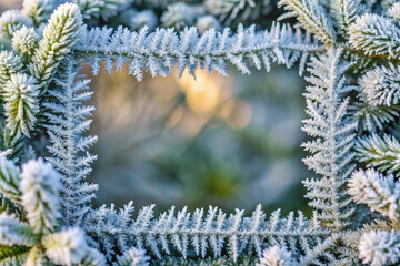 Close-up of frosted pine branches with blurred background