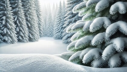 Snow-covered fir trees in a winter forest with a soft light background
