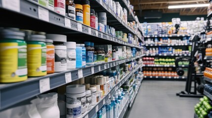 Drugstore Health and Fitness Section with Supplements and Workout Gear
