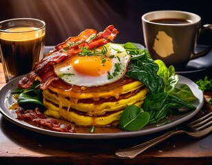 Pumpkins pancake prepared with grilled bacon, fresh spinach and fried egg on top served with fresh lettuce and black coffee for a full breakfast