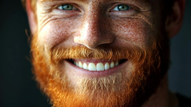 A close-up photo of a man with a red beard, smiling and showing off his white teeth