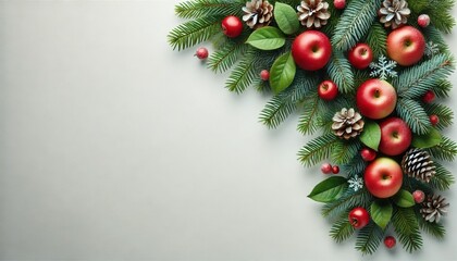 Christmas apples, pine branches, and pinecones on white background with copy space