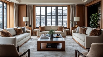 Fototapeta premium a living room with big windows in the middle featuring couches, chairs, and a coffee table