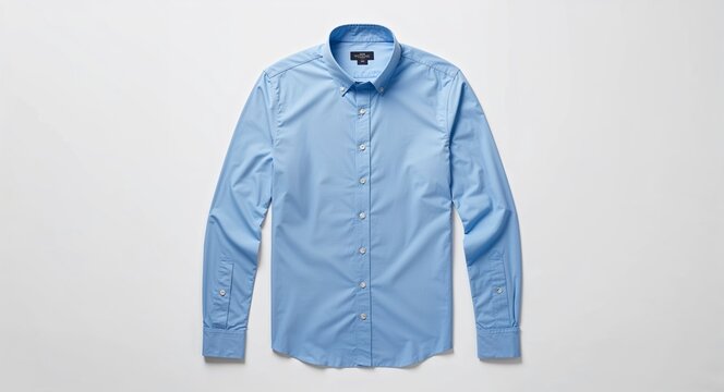 Light blue oxford shirt with button down collar on plain white background