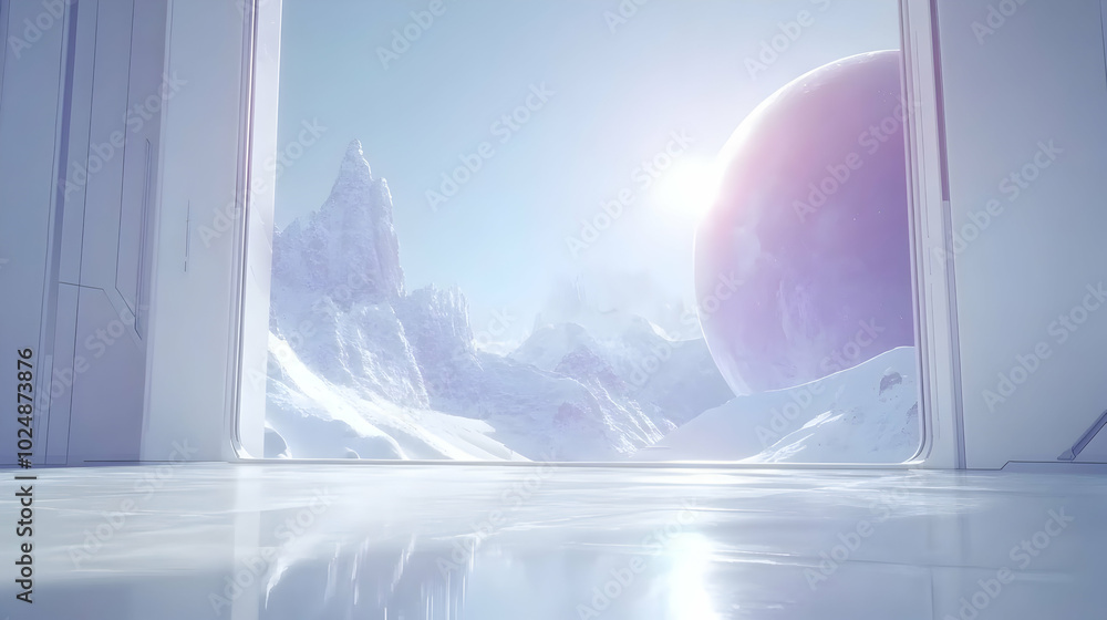 Poster a futuristic room with a window overlooking a snowy mountain range and a large planet in the sky.