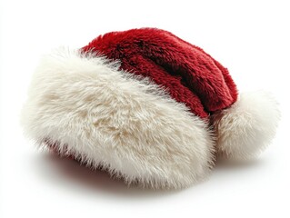 A Santa hat decorated with fluffy fur, isolated on white background. 