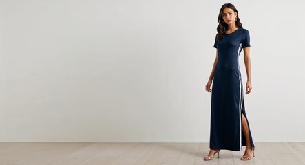 Navy blue jersey maxi dress with side slit on plain white background