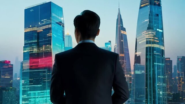 Asian businessman in a tailored suit is filmed from the waist up, with his back to the camera, standing near a large window overlooking a neon-lit futuristic megacity
