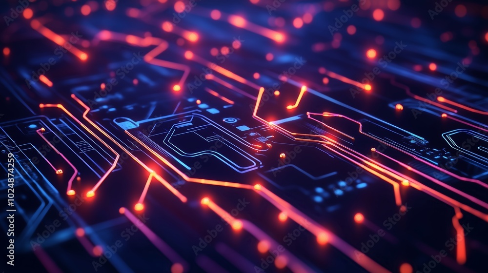 Poster abstract representation of a digital circuit board illuminated with neon lights in a futuristic desi