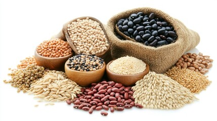 Fototapeta premium A variety of beans, grains, and seeds in bowls and a burlap sack on a white background.