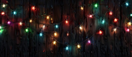 Obraz premium colorful decoration string lights on wood wall plank night time backgrounds