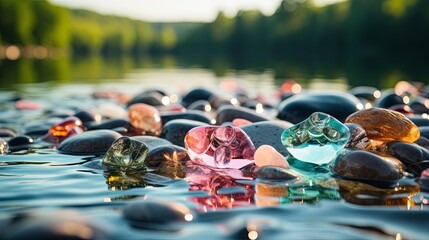 A symphony of smooth river stones adorned with vibrant glass, capturing the essence of a sun-kissed afternoon.