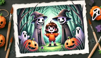 Child with Friendly Ghosts and Pumpkin in Spooky Forest
